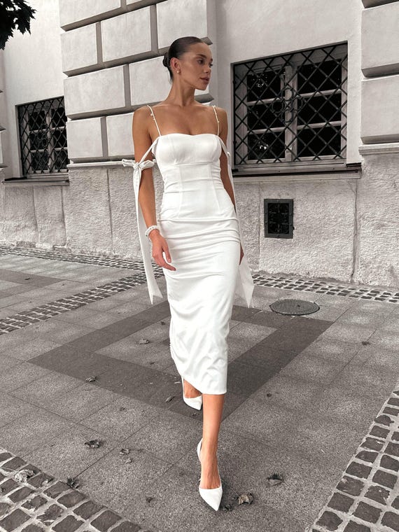 white midi tight dress Elegant White Midi Dress Office Lady Long Sleeve Sexy Beach Party Body –  formalgowns