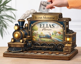 Personalized Wooden Piggy Bank, Custom Name Train Engine Money Box, Toddler Boy Room Decor, Birthday Gift for Son, Nursery Savings Jar, Toy