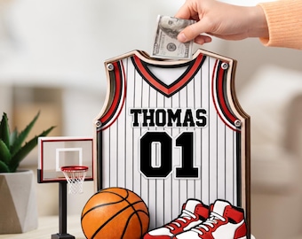 Personalized Basketball Piggy Bank, Custom Name Number Money Box, Kids Savings Bank Sports, Nursery Decor, Gift For Boy Birthday