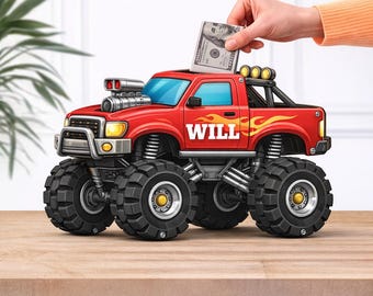 Personalized Monster Truck Piggy Bank, Custom Name Wooden Money Box, Toddler Boy Room Decor, Birthday Gift for Son, Nursery Savings Jar, Toy
