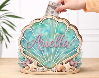 Personalized Shell Piggy Bank, Custom Mermaid Nursery Decor, Iridescent Wooden Money Box, Toddler Girl Birthday Gift, Under the Sea Decor
