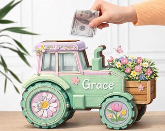 Personalized Tractor Piggy Bank Custom Name Kids Money Box Farm Savings Bank Floral Nursery Decor Gift For Boy Girl Birthday