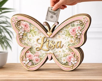 Personalized Butterfly Piggy Bank Custom Name Wooden Money Box Kids Savings Bank Pink Floral Nursery Decor Girl Gift Birthday