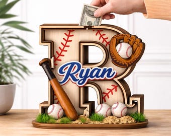 Personalized Baseball Piggy Bank, Custom Letter Wooden Money Box, Sports Theme Nursery Decor, Boys Birthday Gift, Baseball Lover Gift Son