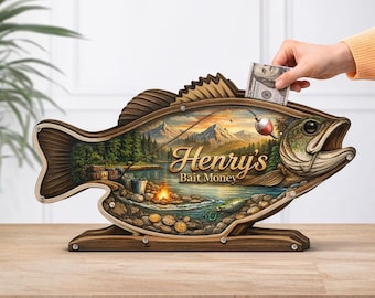 Personalized Fishing Bass Wooden Piggy Bank, Custom Name Coin Box, Fish Shape Bank for Kids, Fishing Lover Gift, Nursery Decor Savings Bank