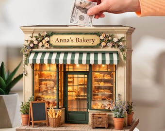 Personalized Miniature Bakery Piggy Bank, Custom Wooden Bakery Money Box, Baker Gift, Tiny Patisserie Decor, Handmade Sweets Shop Savings