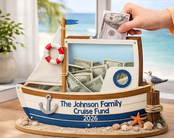Personalized Cruise Fund Piggy Bank, Custom Family Money Box, Vacation Savings Jar Boat Theme, Cruise Fund 2026 Travel Decor