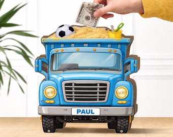 Personalized Dump Truck Piggy Bank, Custom Name Wooden Money Box, Kids Savings Bank Construction Decor, Gift For Boy Birthday