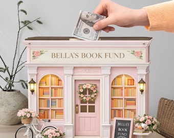 Personalized Book Fund Piggy Bank, Pink Bookshelf Money Box, Custom Library Building Coin Bank, Book Lover Gift for Her, Aesthetic Bookish