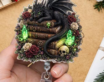 Black Dragon Book Badge Reel, Fantasy Book Lover ID Holder, Floral Dragon Book Stack Badge Clip, Reader Gift, Librarian Teacher Badge Reel