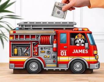 Personalized Letter Piggy Bank, Firefighter Theme Red Coin Bank, Custom Name Fire Truck Money Box, Boys Birthday Gift, Hero Nursery Decor