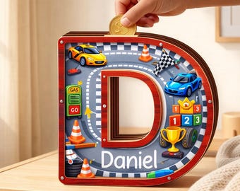 Personalized Racing Car Piggy Bank, Custom Name Road Track Wooden Money Box, Kids Savings Bank for Boys, Car Theme Nursery Decor Gift