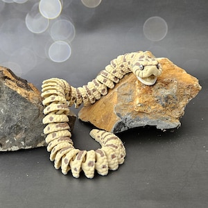 May include: An articulated snake toy in beige and brown tones is displayed on a rock. The toy features a detailed head and body segments with brown markings. The snake is curved, with its head raised. The background is a dark surface with out-of-focus lights.
