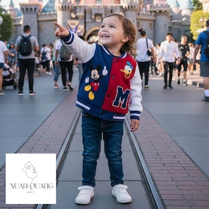 Mickey Mouse and Donald Duck Varsity Jacket - Navy Red Patchwork Bomber - Classic Disney Baseball Coat for Kids and Toddlers - Cute Gift