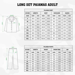 a detailed layout of adult long set pajamas, including measurements and corresponding US sizes. It includes a full-length illustration of a pajama set, including a bust, shoulder, sleeve, and waist measurement, as well as the corresponding pajama pants. The image provides a comprehensive guide for selecting the appropriate size and style of pajamas for an individual.