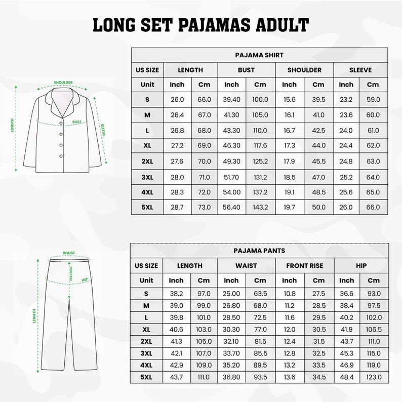 a detailed layout of adult long set pajamas, including measurements and corresponding US sizes. It includes a full-length illustration of a pajama set, including a bust, shoulder, sleeve, and waist measurement, as well as the corresponding pajama pants. The image provides a comprehensive guide for selecting the appropriate size and style of pajamas for an individual.