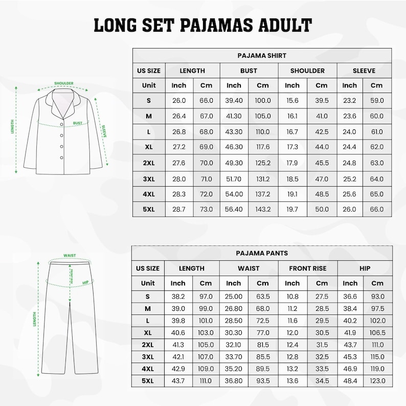 a detailed layout of adult long set pajamas, including measurements and corresponding US sizes. It includes a full-length illustration of a pajama set, including a bust, shoulder, sleeve, and waist measurement, as well as the corresponding pajama pants. The image provides a comprehensive guide for selecting the appropriate size and style of pajamas for an individual.