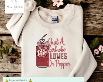 Embroidered Dr Pepper Sweatshirt, Retro Soda Can with Pink Bow, Cute Soda Lover Embroidery Shirt, Cozy Gift for Her
