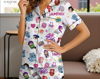 Kpop Demon Hunter Huntrix Pajamas, Original Art Sleepwear, Cute Anime-Inspired Satin PJs for Fans