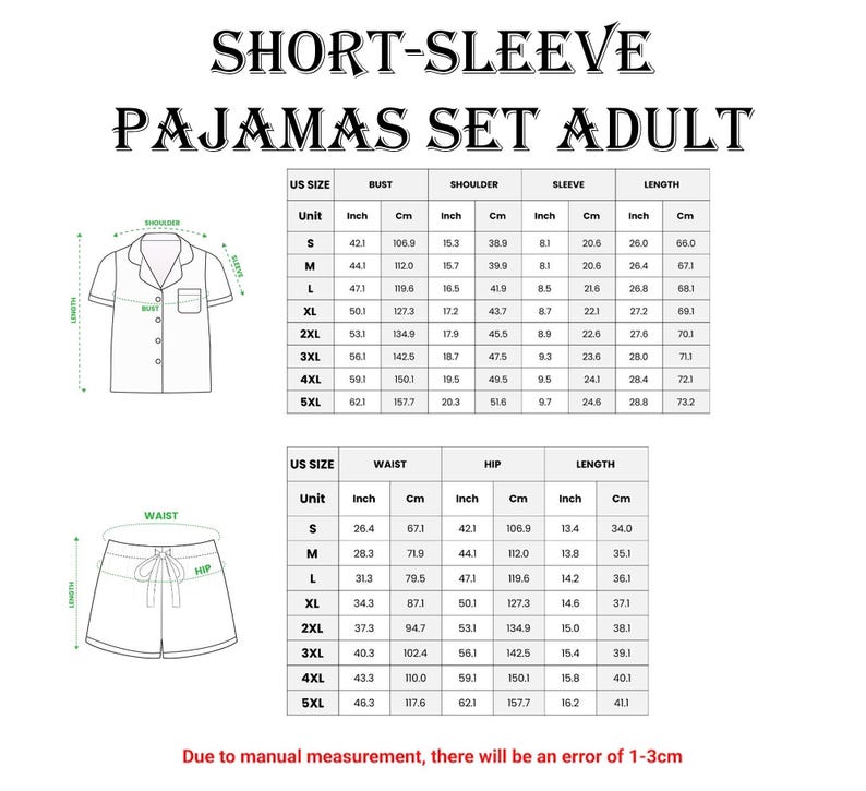 a women's short sleeve pajamas set with measurements