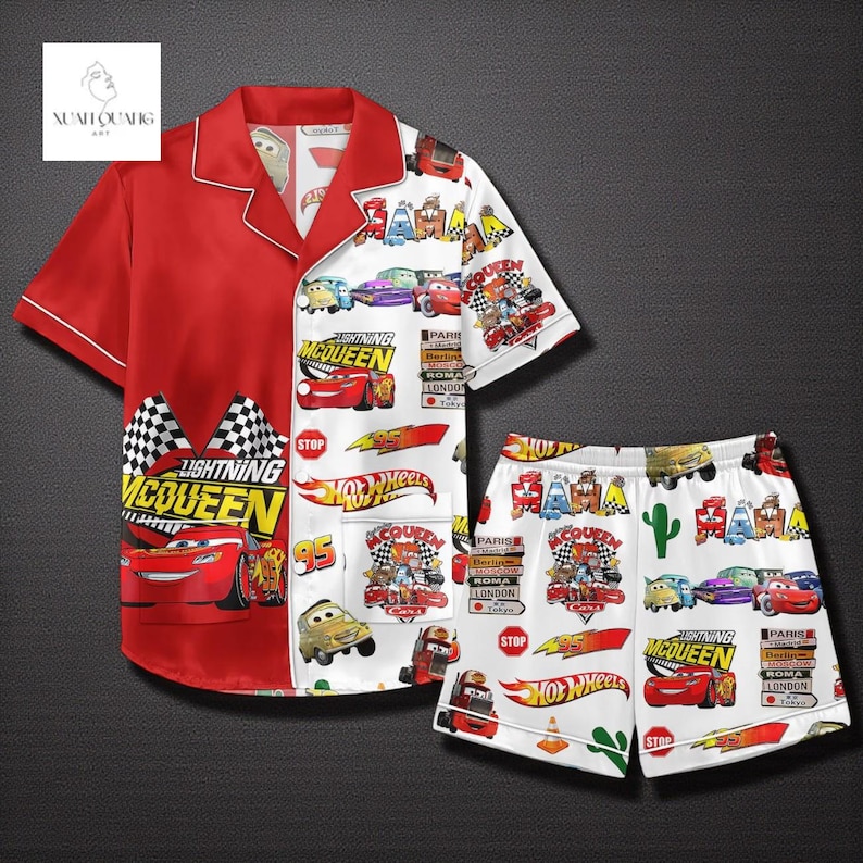A red pajama set featuring various car-themed designs, including Lightning McQueen, Hot Wheels, and other popular car logos. The pajama set is displayed against a dark background.