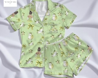 The Princess and The Frog Pajamas Set – Tiana Disney Sleepwear – Cute Green Satin PJs – Princess Nightwear Gift for Her – Cozy Disney Outfit