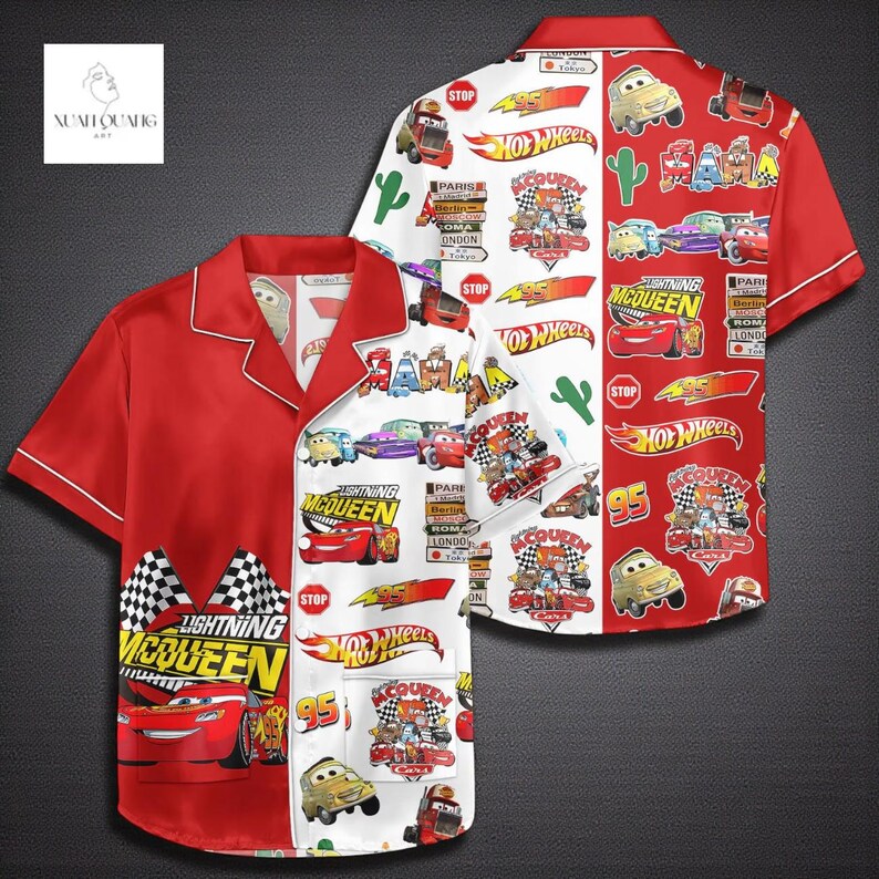 a red and white shirt with a vibrant and colorful pattern of Hot Wheels cars and other Disney characters. The shirt appears to be a children's garment, possibly a pajama shirt or a short-sleeved shirt.
