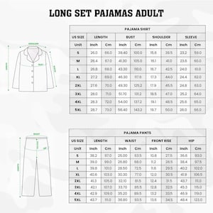 a detailed layout of adult long set pajamas, including measurements and corresponding US sizes. It includes a full-length illustration of a pajama set, including a bust, shoulder, sleeve, and waist measurement, as well as the corresponding pajama pants. The image provides a comprehensive guide for selecting the appropriate size and style of pajamas for an individual.