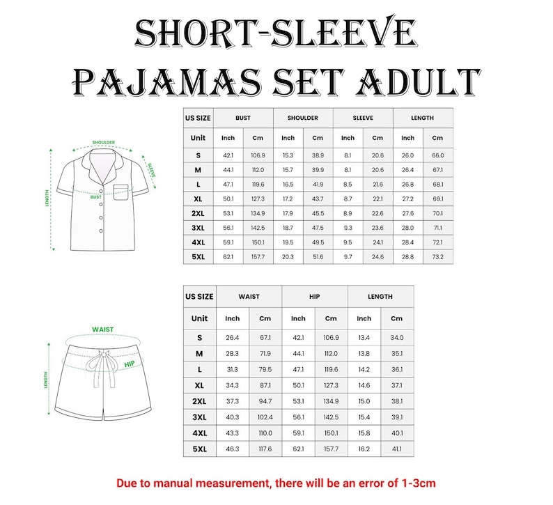 a women's short sleeve pajamas set with measurements