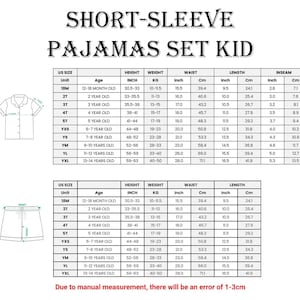 a table with measurements and corresponding sizes for short-sleeve pajamas for children, along with a diagram of a short-sleeve pajama set. The table provides the US size, height, weight, waist, and length for different age groups, from infants to teenagers. The diagram shows the design of the pajamas, including the sleeves and the waistband. The image is a collage of multiple images, and there is an error of 1.3 cm in the image size.
