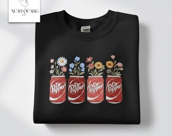 Embroidered Dr Pepper Sweatshirt with Floral Soda Can, Colorful Dr Pepper Shirt, Cute Soda Lover Embroidery Gift