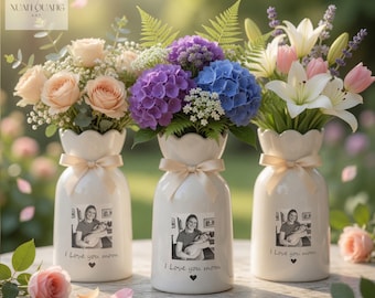 Personalized Photo Vase for Mom, Custom Mother's Day Gift, Ceramic Flower Pitcher with Picture, I Love You Mom