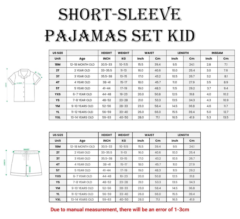 a table with measurements and corresponding sizes for short-sleeve pajamas for children, along with a diagram of a short-sleeve pajama set. The table provides the US size, height, weight, waist, and length for different age groups, from infants to teenagers. The diagram shows the design of the pajamas, including the sleeves and the waistband. The image is a collage of multiple images, and there is an error of 1.3 cm in the image size.