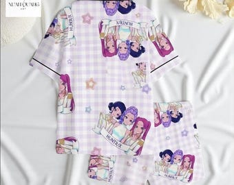Kpop Demon Hunter Huntrix Pajamas, Cute Chibi Satin Sleepwear, Rumi Saja Mira Pajamas, Cozy Unisex Gift for Kpop Fans