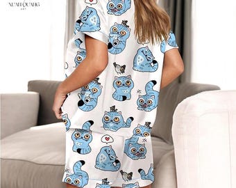 Derpy Tiger Kpop Demon Hunters Huntrix Pajamas Set, Cute Chibi Satin Sleepwear, Short Sleeve PJs, Cozy Kpop Gift for Him & Her