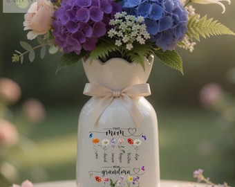 First Mom Now Grandma Vase, Personalized Grandkids Names Birth Flower Ceramic Pitcher, Mothers Day Grandma Gift
