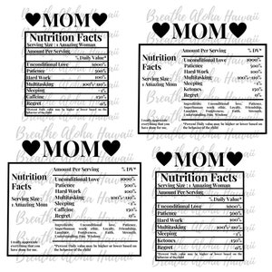 Mom Nutritional Facts SVG, Mama Nutritional Facts SVG, PNG, Files for Cricut, Silhouette, Mother's Day, caffeine, ketones, love, patience