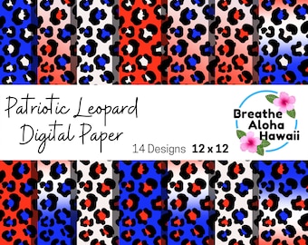 Patriotic Leopard Digital Paper, 4th of July, 12x12, Sublimation, Printable, Scrapbook, High Quality, Instant Download, Background