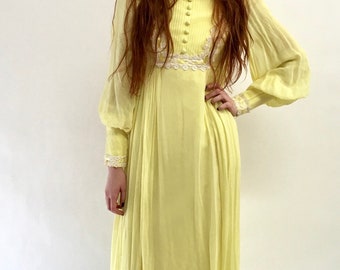 Vintage 60s 70s Yellow Chiffon Hippie Dress Sunshine Yellow Festival Maxi Dress