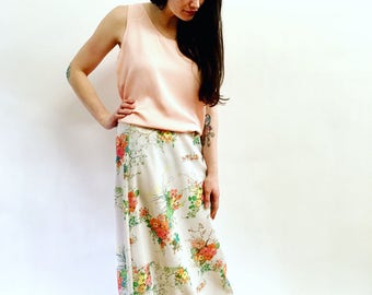 Vintage 70s Botanical Floral Maxi Skirt Watercolor Illustration Flower Print Skit