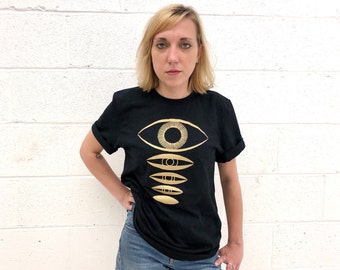 Seeing Eye Graphic Tshirt Gold on Black Tee Hand Silk Screened Tshirt