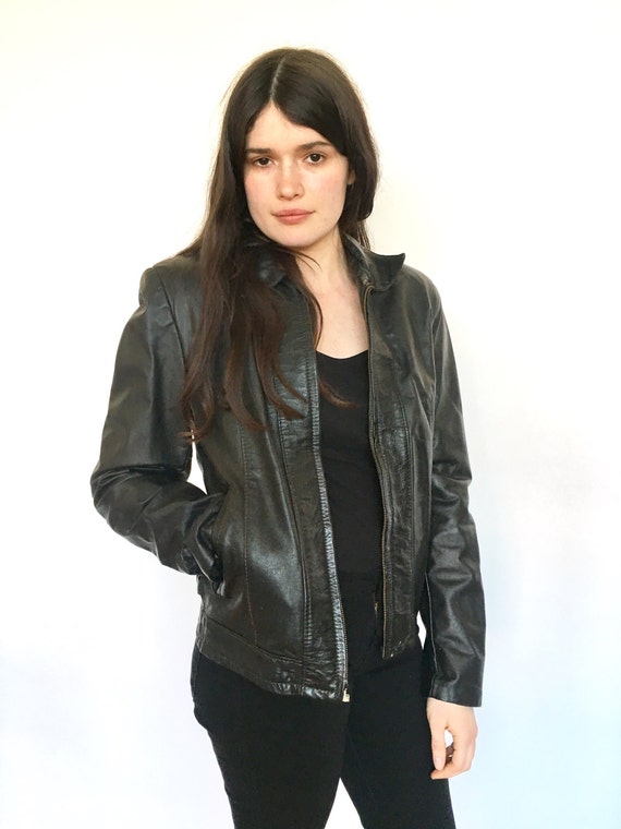 Black Leather Jacket 80s Ladies Leather Sz M/L