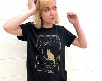 Strange Magick Tarot Tshirt Black with Gold Cat and Crescent Moon Tshirt