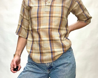 Vintage 70s Plaid Top Thin Soft Cotton Shirt Country Folk Shirt