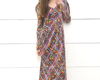 Vintage 70s Psychedelic Maxi Dress Colorful Print Silky Dress