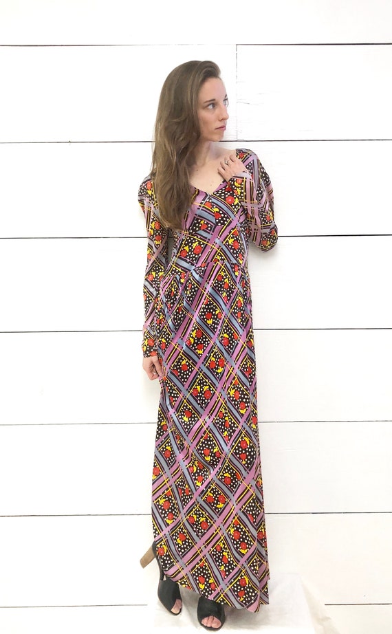 Vintage 70s Psychedelic Maxi Dress Colorful Print 