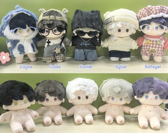 May include: A collection of ten plush dolls arranged in two rows. The top row features five dolls wearing outfits, hats, and glasses, labeled Zayne, Caleb, Xavier, Sylus, and Rafayel. The bottom row shows five identical plush dolls without clothing.