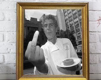 Anthony Bourdain Middle Finger Print - Chef Cooking Poster for Bold Kitchen Wall Decor Vintage Framed Art: Retro Sepia Tone Wood Print