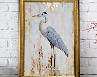 Arte mural de garzas azules: pinturas abstractas de garzas, impresión en lienzo de aves costeras, enmarcado y listo para colgar.