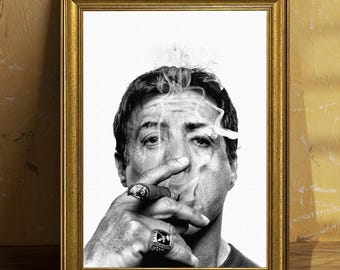 Sylvester Stallone Print, Black and White Cigar Art, Hollywood Icon Poster,  Man Cave Wall Decor, Masculine Office Art, Digital Download